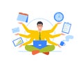 Multitasking, Effective Time Management Concept. Businessman With Many Arms Sit In Yoga Lotus Position Doing Many Tasks