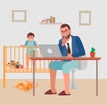 Multitasking Father Working From Home On Laptop. Multi-tasking, freelance and fatherhood concept - working father with
