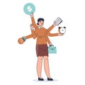 Multitasking female person, busy office worker. Productive business lady, professional multitasking character with many hands flat Royalty Free Stock Photo