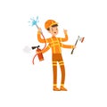 Multitasking firefighter character, male fireman with many hands holding fire fighting equipment vector Illustration on Royalty Free Stock Photo