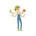 Multitasking gardener character, girl with many hands holding watering can, flower pot and garden tools vector Royalty Free Stock Photo