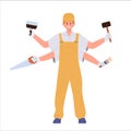 Multitasking handyman cartoon character having lots of arms with different tools isolated on white