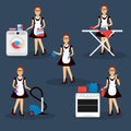 Multitasking housewife illustration. Housekeeper woman ironing, cleaning, cooking and washing