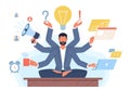 Multitasking man. Businessman with many hands in lotus position solves tasks at same time. Manager yoga zen. Productive