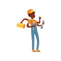 Multitasking plumber character, african american boy in uniform many hands holding wrench and tool box vector Royalty Free Stock Photo