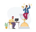 Multitasking, productivity and time management. Management, productivity increase. Boss sitting on an hourglass with loudspeaker