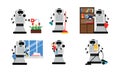 Robot Helper Character Doing Housework Vector Illustration Set Isolated On White Background