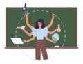 Multitasking schoolteacher standing at blackboard. Woman with many hands hold laptop, globe and books, microscope and