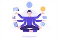 Multitasking and time management concept. Young freelancer man or business manager doing meditation or practicing mindfulness,