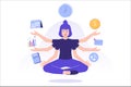 Multitasking and time management concept. Young freelancer woman or business manager doing meditation or practicing mindfulness,