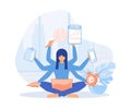 Multitasking. Time management. Girl with many arms sits in the Yoga position and doing many tasks at the same time