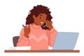 Multitasking Woman Character Working On Laptop And Making A Phone Call Simultaneously, Efficiently Managing Tasks