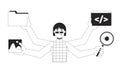 Multitasking woman programmer black and white 2D line character