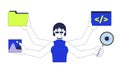 Multitasking woman programmer 2D cartoon character