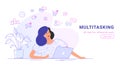 Multitasking and working online with laptop. Flat line vector illustration of woman working remotely