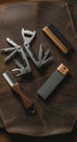 Multitool and accessories on leather Royalty Free Stock Photo