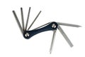 Multitool for repair of bicycles with various attachments with allen wrenches and screwdrivers on white background