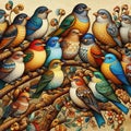 A multitude of birds perch collectively on a single tree branch.