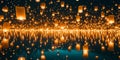 A multitude of glowing paper lanterns floating above water with reflections at night scene view Royalty Free Stock Photo