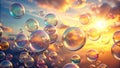 A multitude of iridescent soap bubbles float serenely against a breathtaking sunset, reflecting the vibrant colors of the sky in Royalty Free Stock Photo