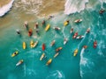 multitude of surfers in the sea seen from above, aerial image of the sea with colored surf in the waves, holidays, created with ai Royalty Free Stock Photo