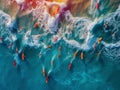 multitude of surfers in the sea seen from above, aerial image of the sea with colored surf in the waves, holidays, created with ai Royalty Free Stock Photo