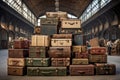 A multitude of travel suitcases stacked in a towering stack amidst the hustle and bustle of a bustling train station, Vintage Royalty Free Stock Photo