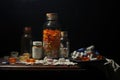 A multitude of various bottles and pills arranged on top of a table, Prescription opioids, with bottle of many pills on the mirror