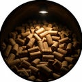 A multitude of wine corks, made from natural cork material, are piled together in a Royalty Free Stock Photo