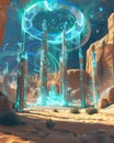 Multiverse portal above a desert amphitheater, cyclone stirring bioluminescent ceramics and bamboo sculptures