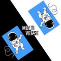 Multiverse with two astronauts from different worlds touching each other and being reflected upside down