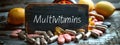 Multivitamin capsules supplements on the table. Selective focus. Royalty Free Stock Photo