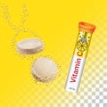 Multivitamin effervescent tablet pills. Vitamin C soluble pills with lemon flavour in water with sparkling fizzy bubbles trail Royalty Free Stock Photo