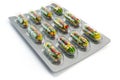 Multivitamins and dietary natural supplements for a healthy diet. Fruits in pills on blister pack