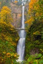 Multnomah Falls in Fall Season Colors in Oregon America Royalty Free Stock Photo