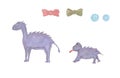 Mum and child violet dinosaurs and bow watercolor illustration hand painted
