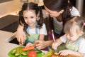 Mum chopping vegetables with children daughters in a family home kitchen. Royalty Free Stock Photo