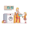 Mum and daughter doing housework in laundry room