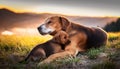 mum dog cuddling her puppy, AI generated Royalty Free Stock Photo