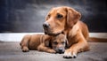 mum dog cuddling her puppy, AI generated Royalty Free Stock Photo