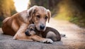 mum dog cuddling her puppy, AI generated Royalty Free Stock Photo