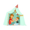 Mum and her son playing in a tepee tent, kid having fun in a hut vector Illustration