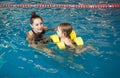 Mum learns small son to float Royalty Free Stock Photo