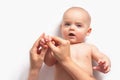 Baby massage. Gymnastics for small kids. Top-view. Royalty Free Stock Photo