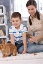 Mum and son with pet rabbit at home Royalty Free Stock Photo