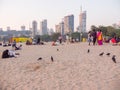 Mumbai, India - December 17, 2018: Evening Mumbai, Chowpatty beach at sunset.