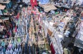 MUMBAI, INDIA - February 29 2020: Clothes hanging on a clothesline to dry, open air laundry at Dhobi Ghat, Mumbai, India