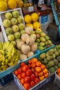 Mumbai, India, 20 november, 2019/ Colorful indian and tropical fruits and vegetables neatly displayed in street foot stall in the