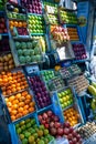 Mumbai, India, 20 november, 2019/ Colorful indian and tropical fruits and vegetables neatly displayed in street foot stall in the