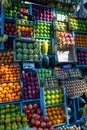 Mumbai, India, 20 november, 2019/ Colorful indian and tropical fruits and vegetables neatly displayed in street foot stall in the